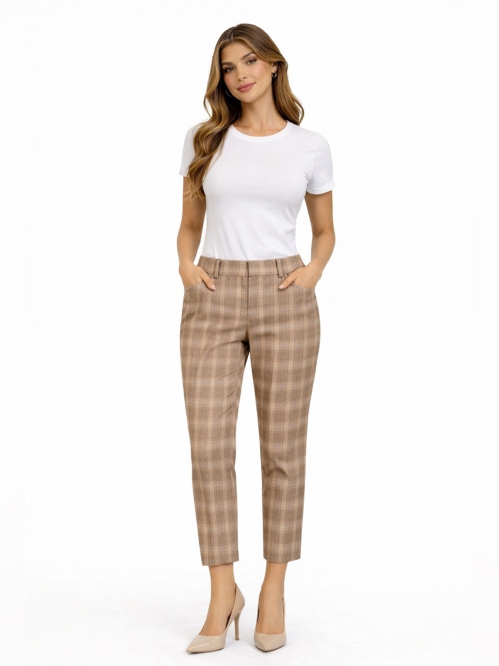 Counterparts Plaid Ankle Pants Size Large NWOT Brown Tan Career Workwear Stretch